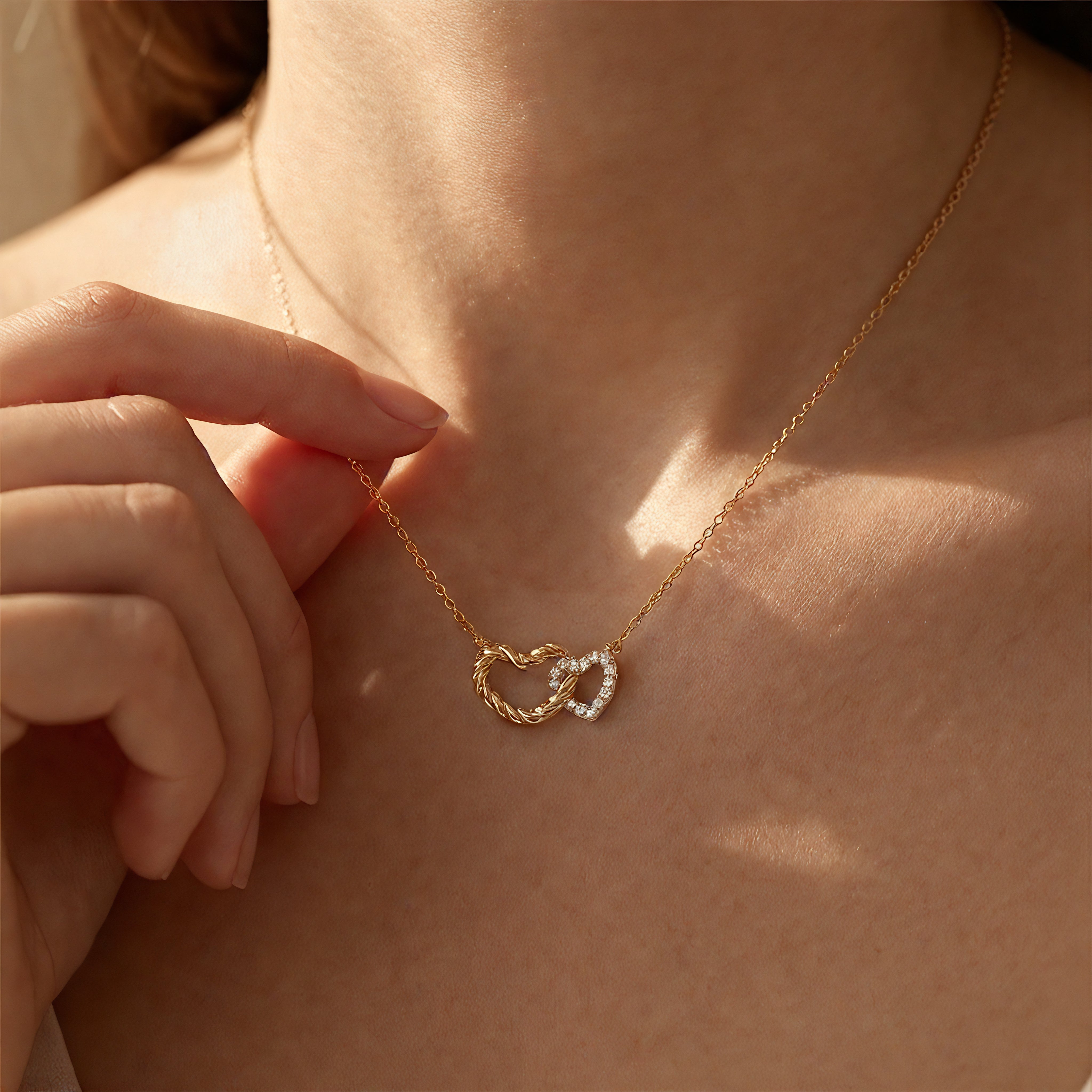 Interlinked Diamond and Twisted Wire Two Hearts Gold Necklace - GeumJewels
