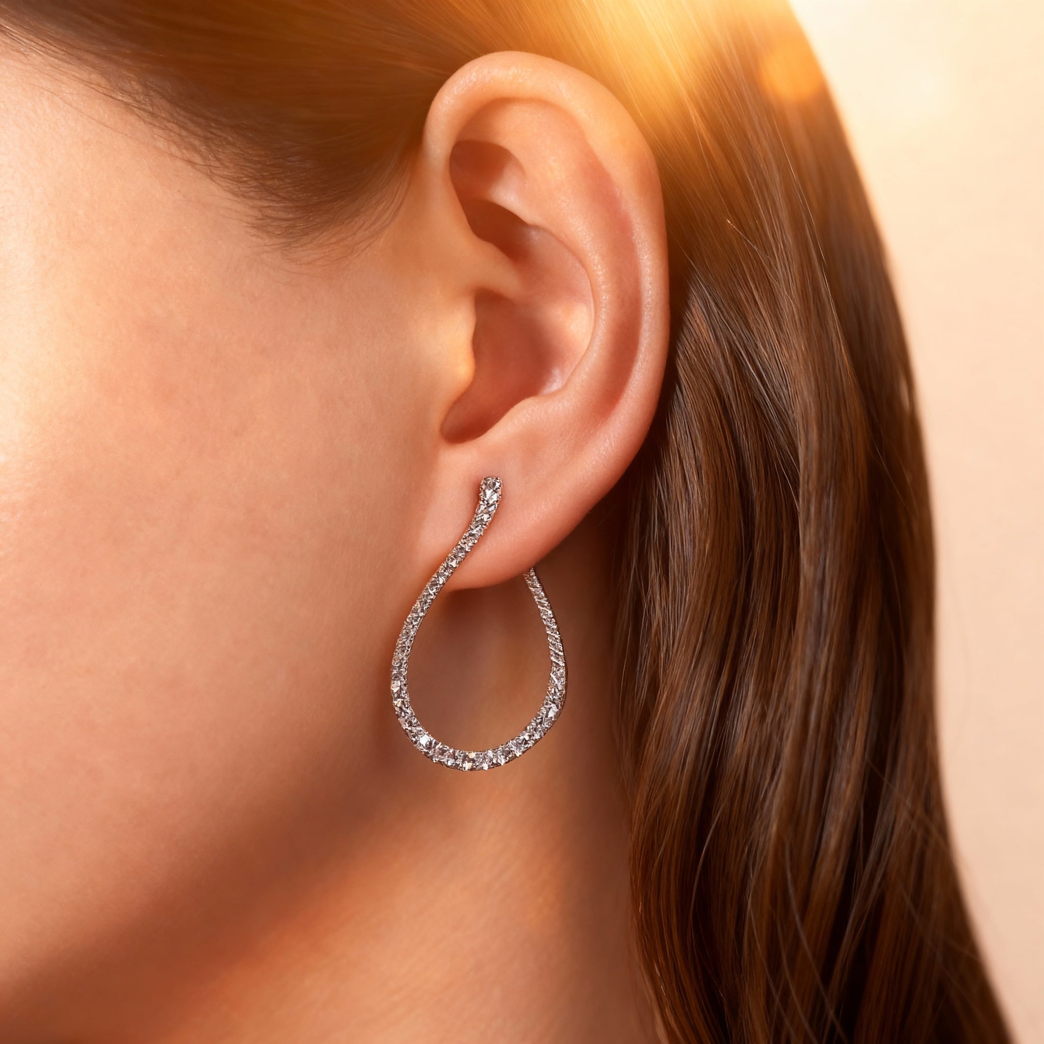 Single Liner Diamond Teardrop Style Hoop Earrings - GeumJewels