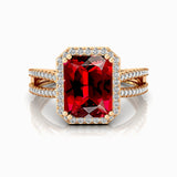 Halo Set Emerald Shaped Garnet Split Shank Ring with Accent Diamonds