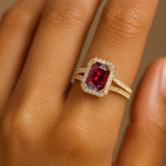 Halo Set Emerald Shaped Garnet Split Shank Ring with Accent Diamonds - GeumJewels