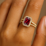 Halo Set Emerald Shaped Garnet Split Shank Ring with Accent Diamonds - GeumJewels
