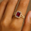 Halo Set Emerald Shaped Garnet Split Shank Ring with Accent Diamonds - GeumJewels