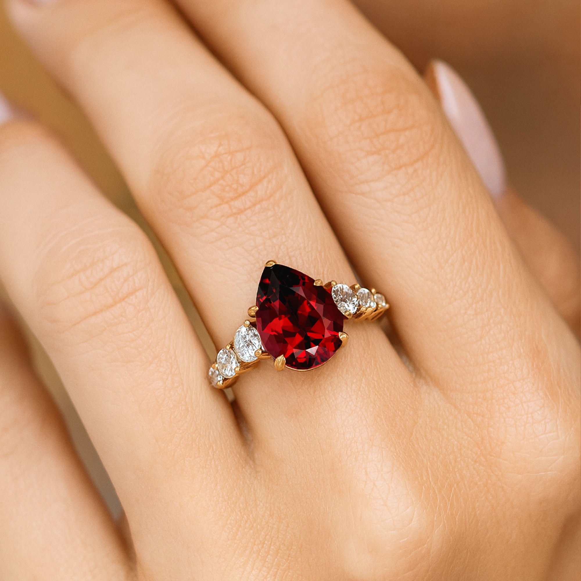 Pear Cut Garnet with Graduated Diamonds Ring - GeumJewels