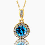 Dainty Round Solitaire Halo Diamond London Blue Topaz Pendant