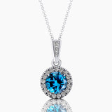 Dainty Round Solitaire Halo Diamond London Blue Topaz Pendant