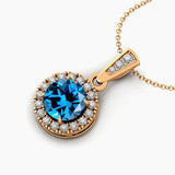 Dainty Round Solitaire Halo Diamond London Blue Topaz Pendant