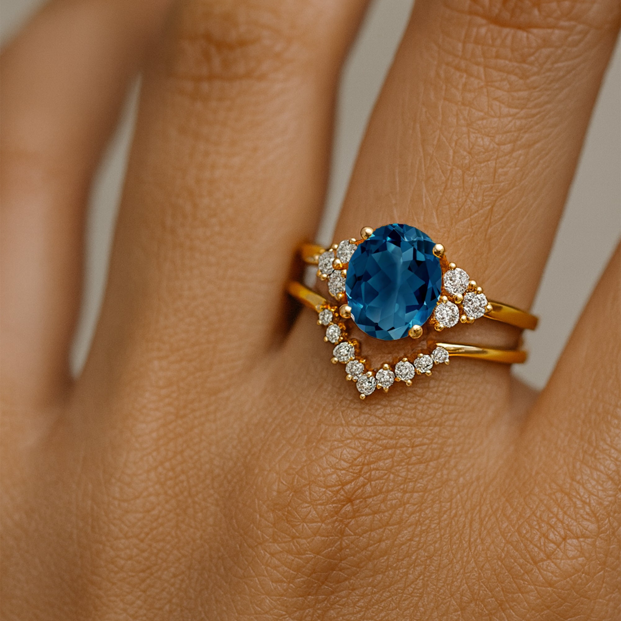 London Blue Topaz Gold Ring With Stackable Diamond Band - GeumJewels