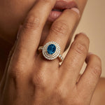 Triple Halo Diamond Oval Cut London Blue Topaz Cocktail Ring - GeumJewels
