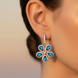 Pear Shaped London Blue Topaz Flower Diamond Leverback Earrings - GeumJewels