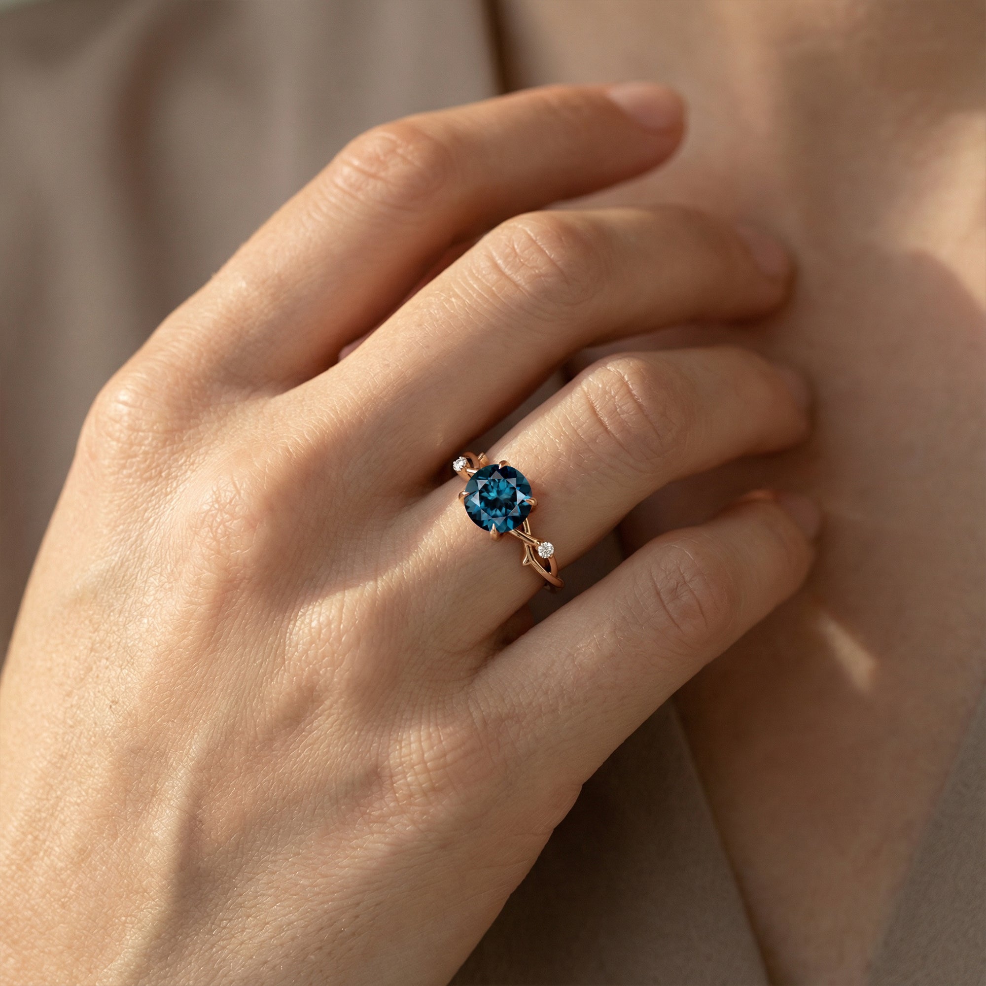Criss Cross Nature Inspired Diamond Ring  with Round London Blue Topaz - GeumJewels