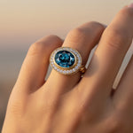 Vintage Style Elongated Oval London Blue Topaz Halo Diamond Twisted Ring - GeumJewels
