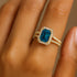 Halo Set Emerald Shaped London Blue Topaz Split Shank Ring with Accent Diamonds - GeumJewels