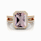 Halo Set Emerald Shaped Morganite Split Shank Ring with Accent Diamonds