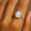 Halo Set Emerald Shaped Moonstone Split Shank Ring with Accent Diamonds - GeumJewels