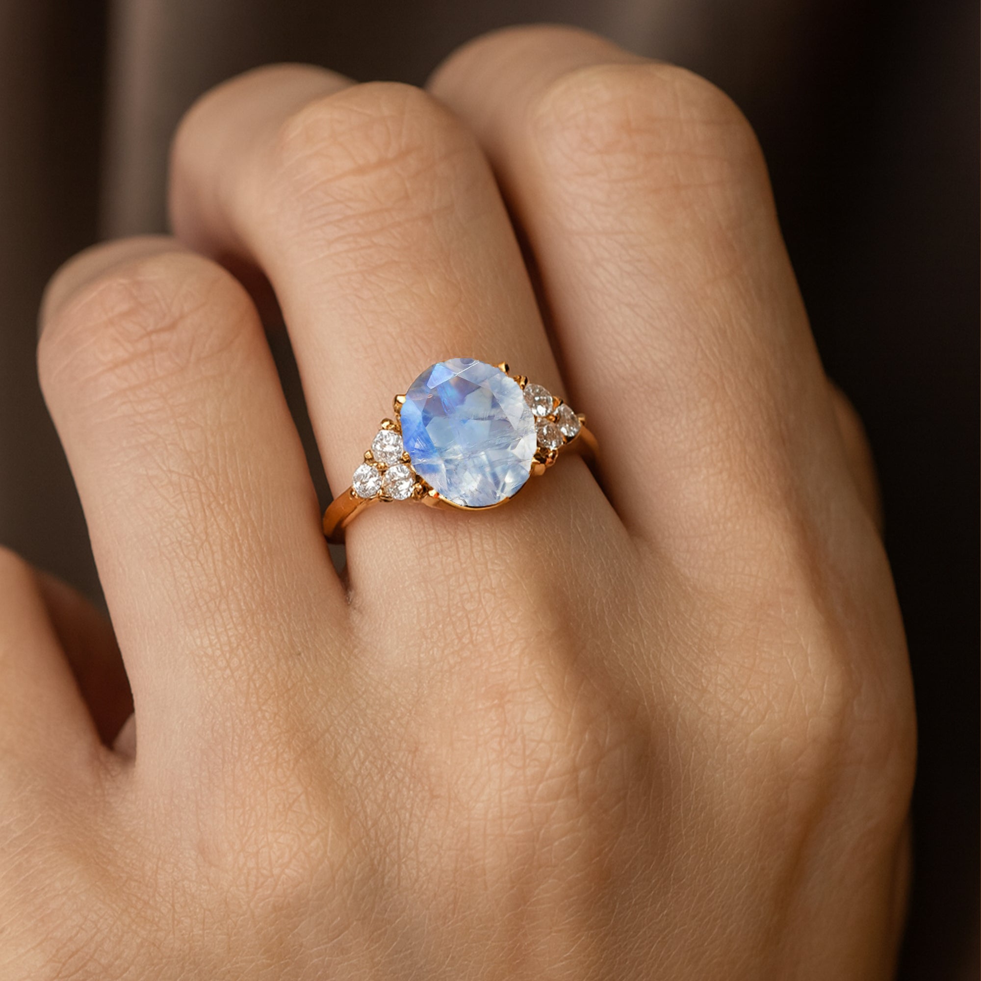 Trio Diamond Engagement Ring with Oval Cut Moonstone - GeumJewels