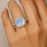 Halo Diamond Engagement Ring with Cushion Cut Moonstone - GeumJewels