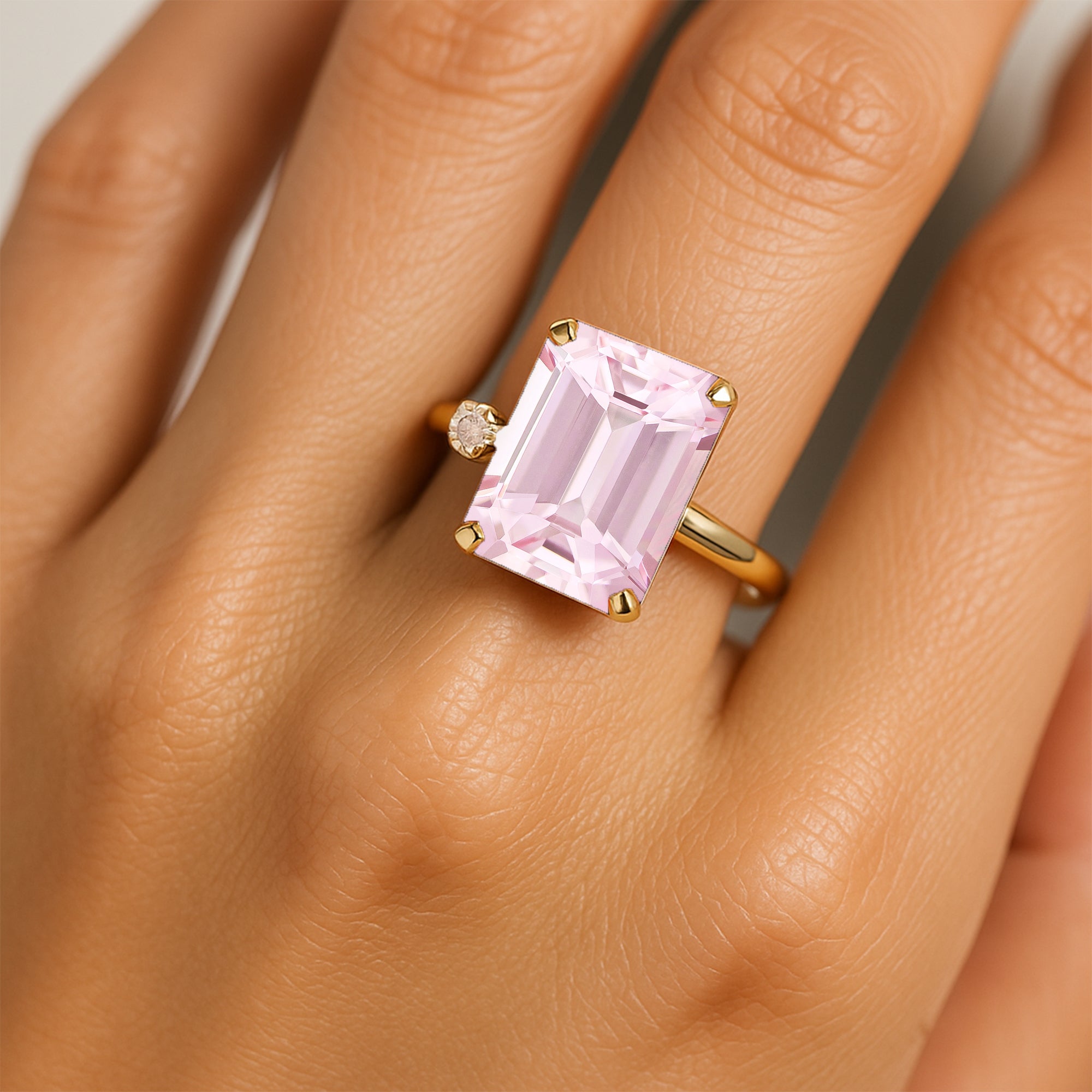 Emerald Shaped Morganite with 3mm Accent Solitaire Engagement Ring - GeumJewels