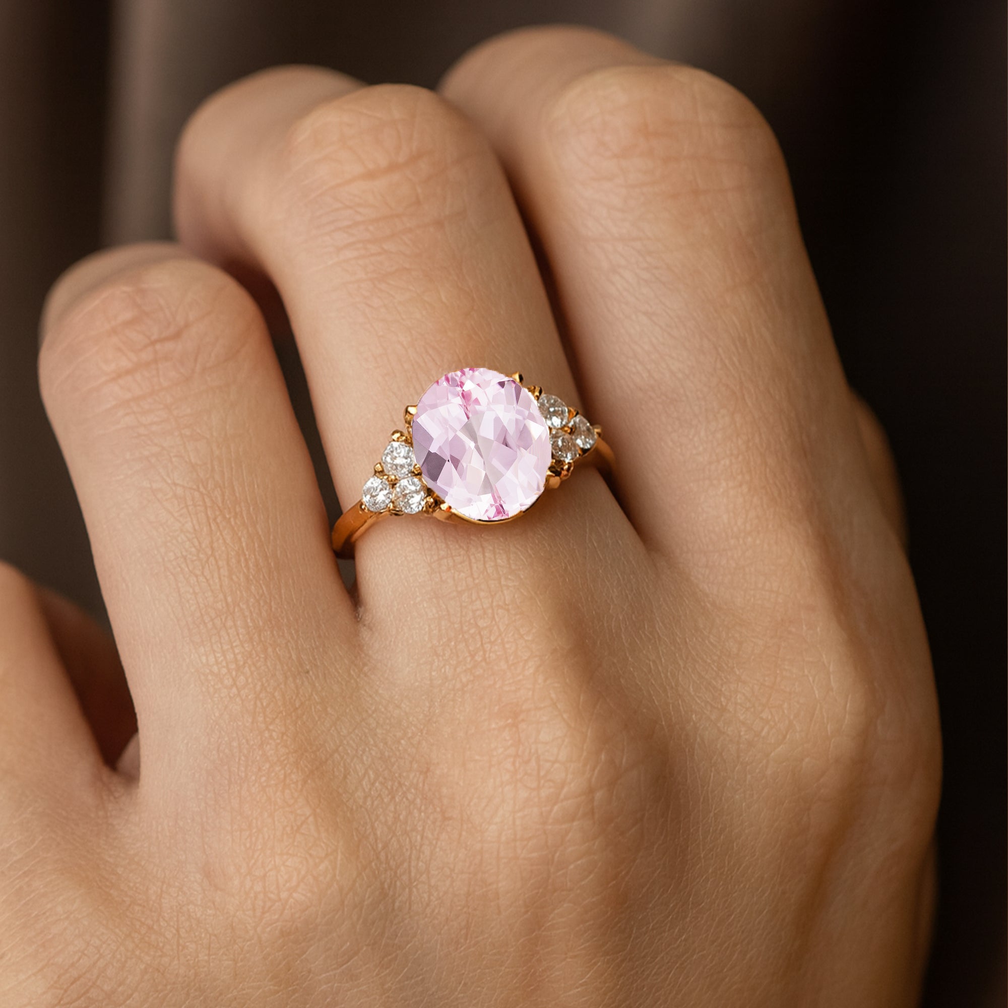 Trio Diamond Engagement Ring with Oval Cut Morganite - GeumJewels