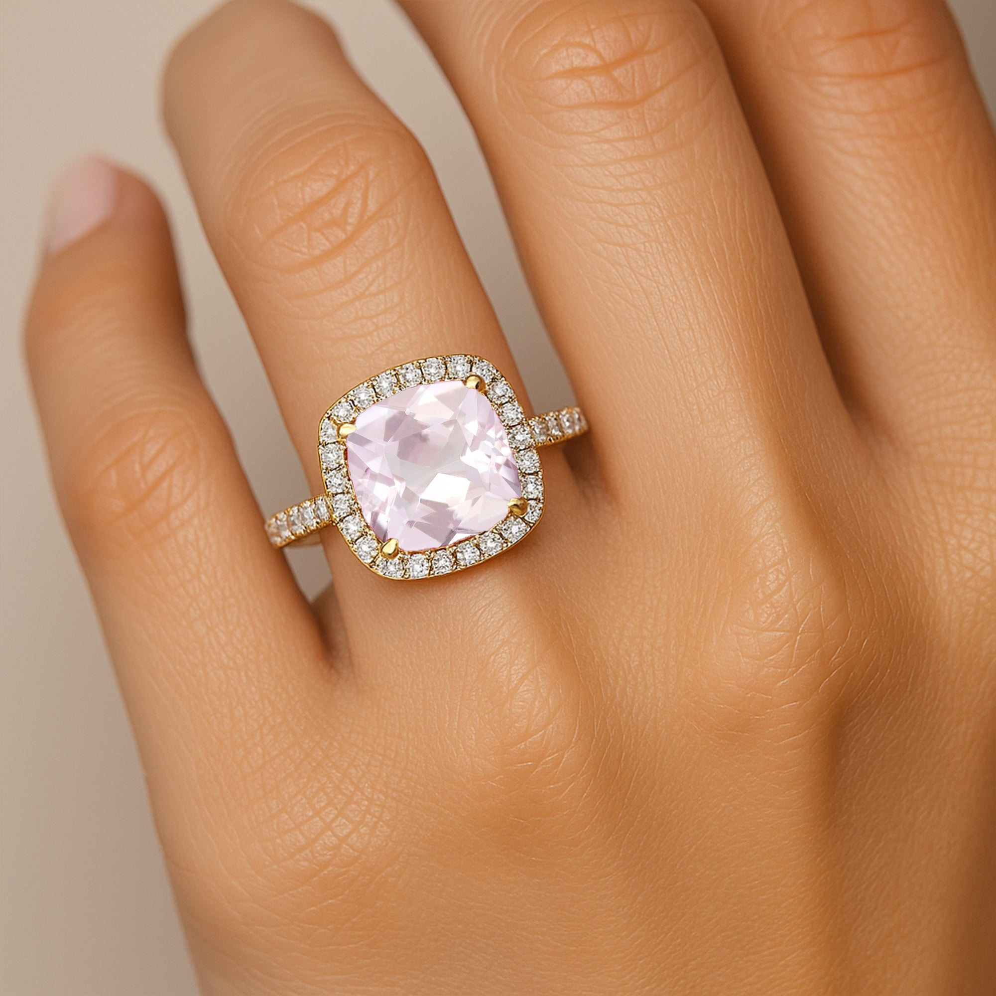 Halo Diamond Engagement Ring with Cushion Cut Morganite - GeumJewels