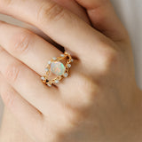 Flower Inspired Ring with Oval Shaped Opal and Accent Diamonds - GeumJewels