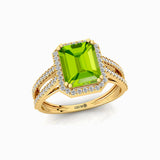 Halo Set Emerald Shaped Peridot Split Shank Ring with Accent Diamonds