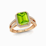 Halo Set Emerald Shaped Peridot Split Shank Ring with Accent Diamonds