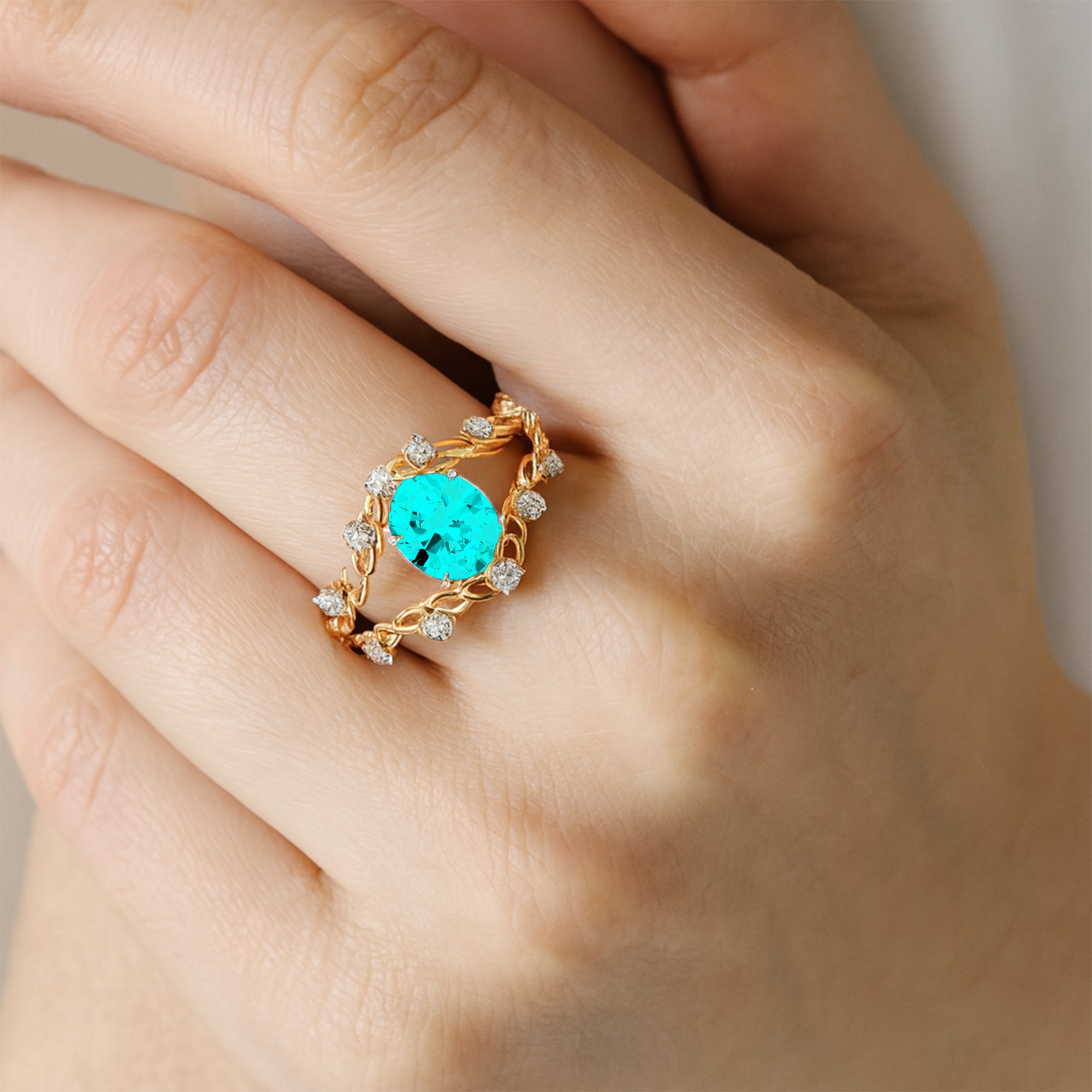 Flower Inspired Ring with Oval Shaped Paraiba Tourmaline and Accent Diamonds - GeumJewels