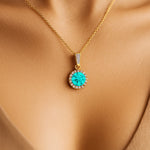 Dainty Round Solitaire Halo Diamond Paraiba Tourmaline Pendant - GeumJewels