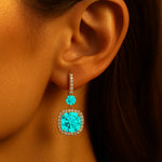 Halo Diamond Cushion Cut Paraiba Tourmaline Dangle Earrings - GeumJewels