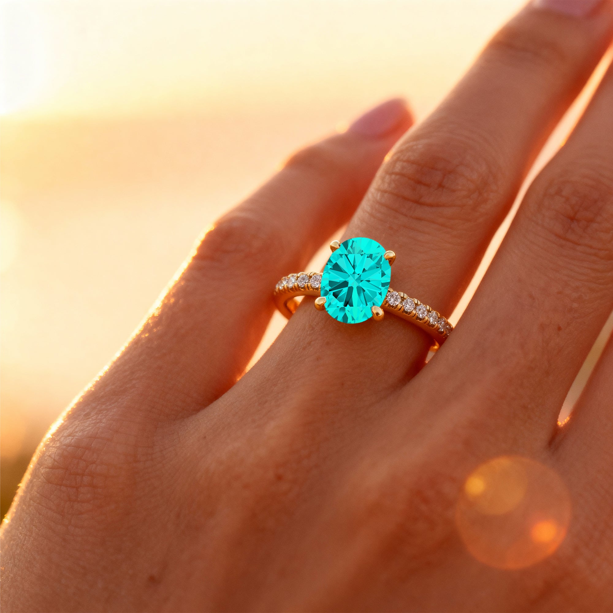 Oval Solitaire Paraiba Tourmaline with Accent Diamonds Engagement Ring - GeumJewels