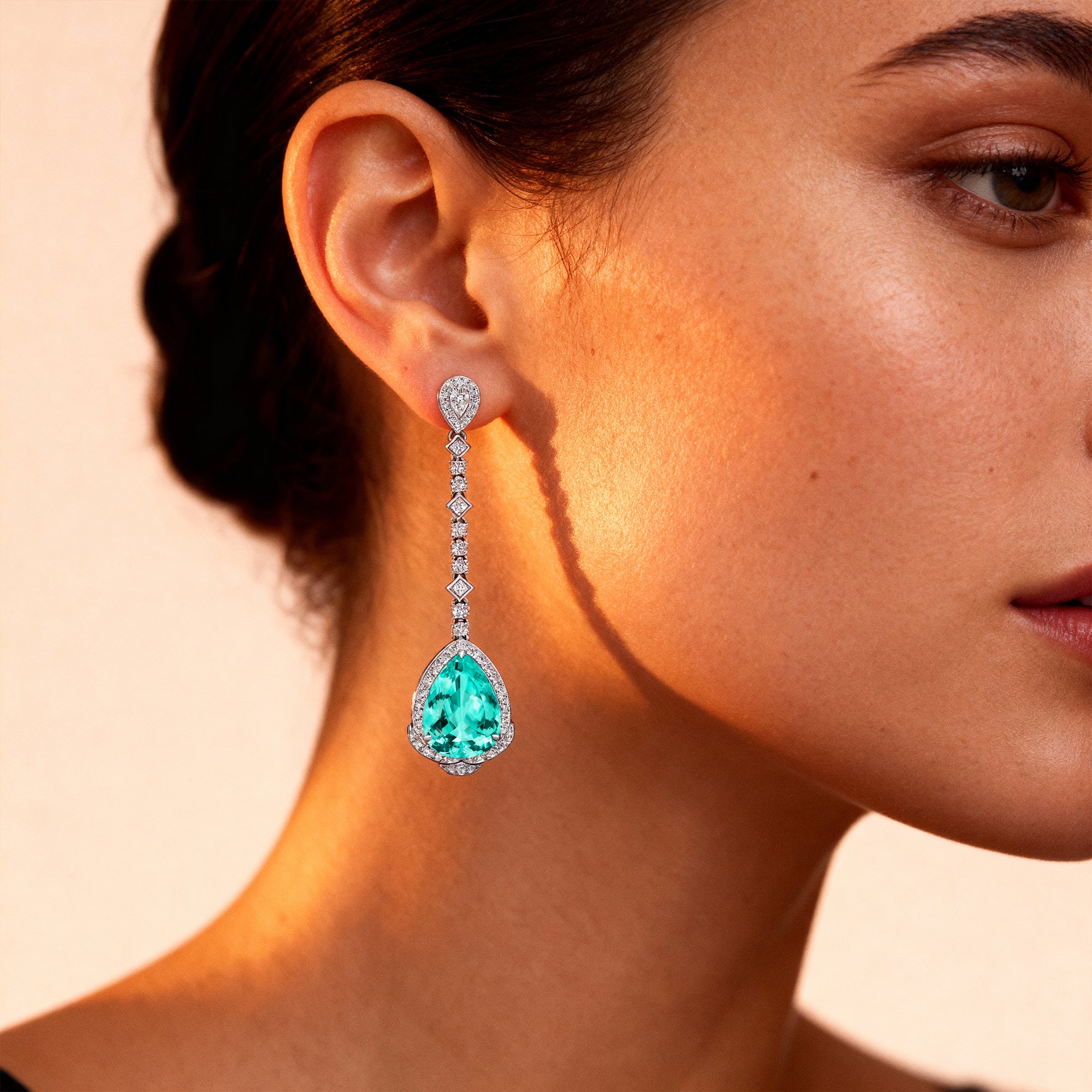 Vintage Style Pear Cut Paraiba Tourmaline Halo Diamond Drop Earrings - GeumJewels