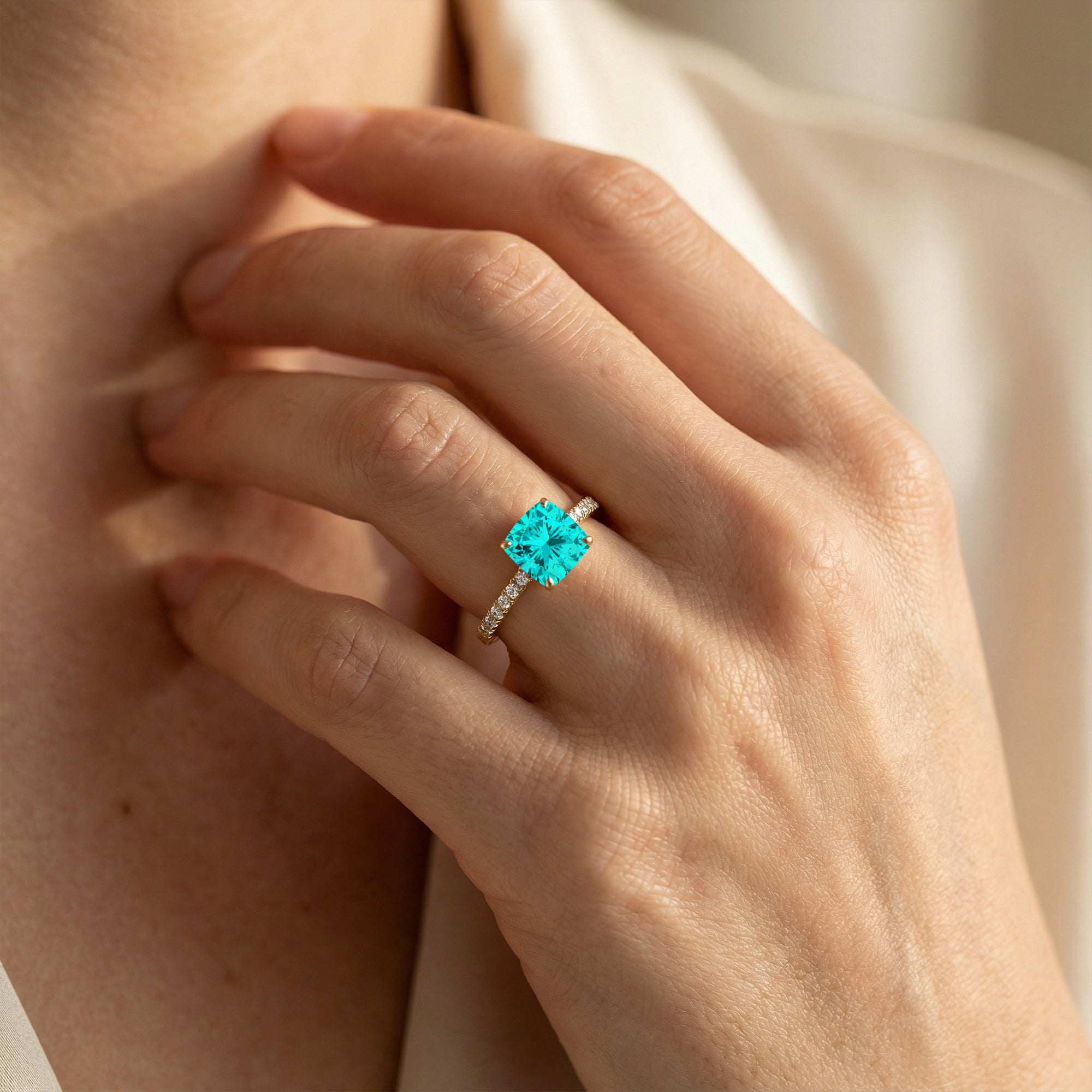 Paraiba Tourmaline Square Cushion Under Halo Diamonds Thin Ring with Diamond Band - GeumJewels