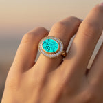 Vintage Style Elongated Oval Paraiba Tourmaline Halo Diamond Twisted Ring - GeumJewels