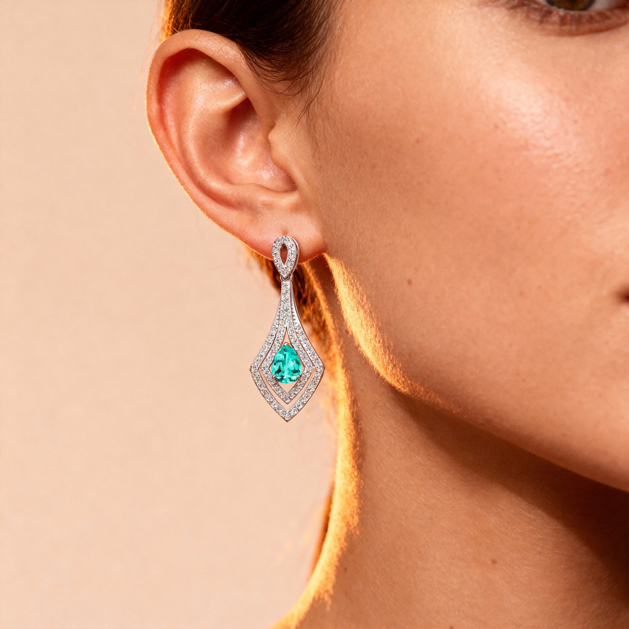Vintage Inspired Pear Cut Paraiba Tourmaline Diamond Drop Earrings - GeumJewels