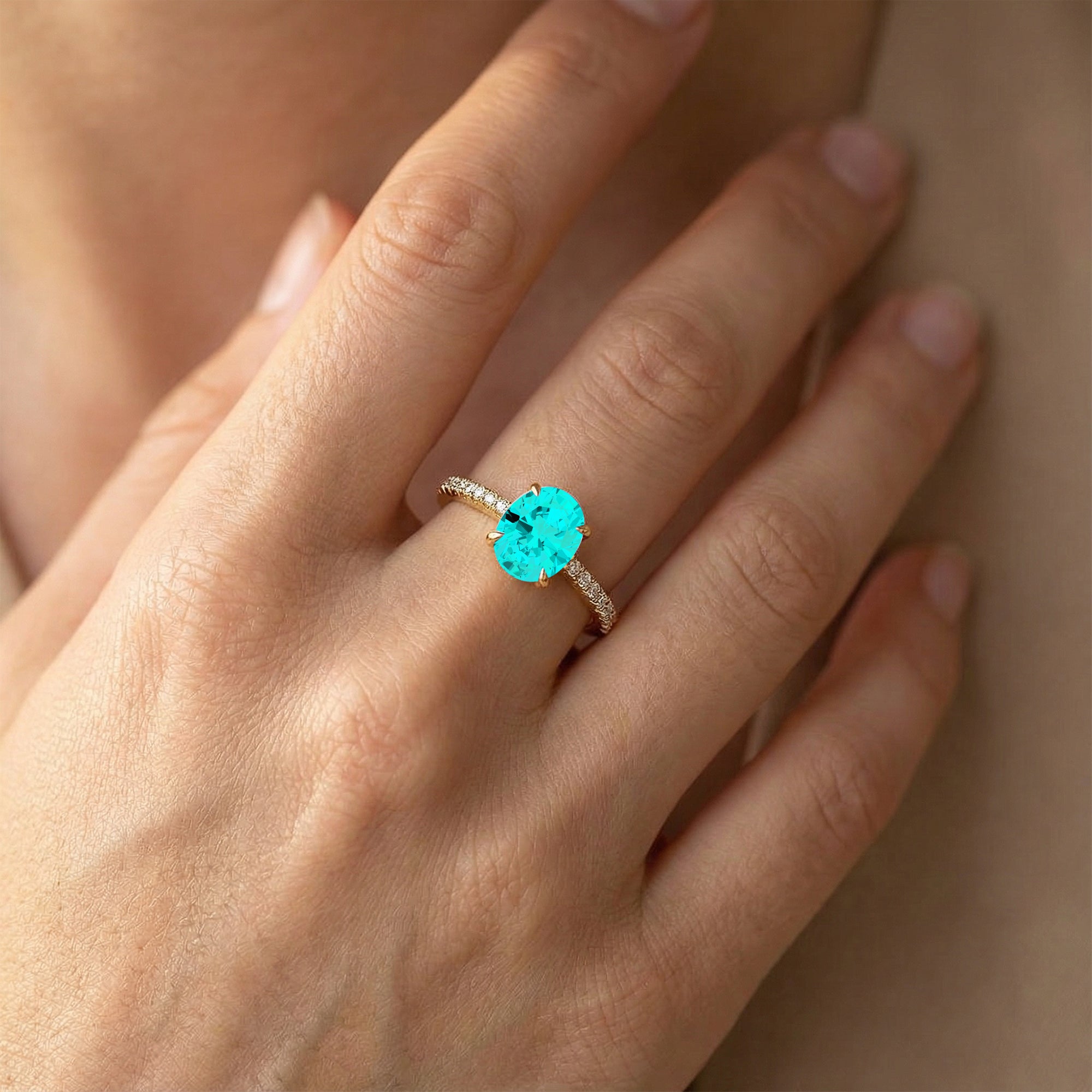 Oval Solitaire Paraiba Tourmaline with Accent Diamonds Engagement Ring - GeumJewels