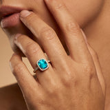 Elongated Cushion Halo Set Paraiba Tourmaline Engagement Ring with Diamond Band