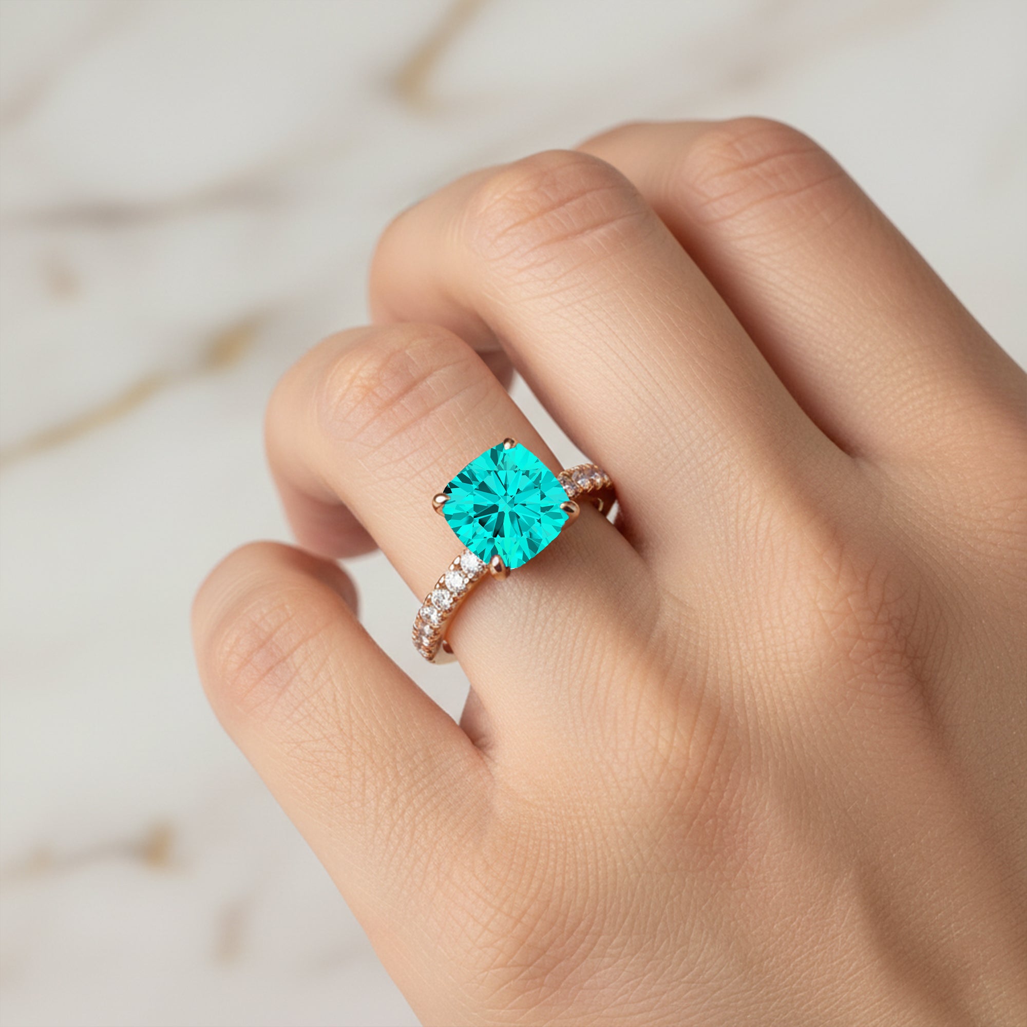 Paraiba Tourmaline Square Cushion Under Halo Diamonds Thin Ring with Diamond Band - GeumJewels