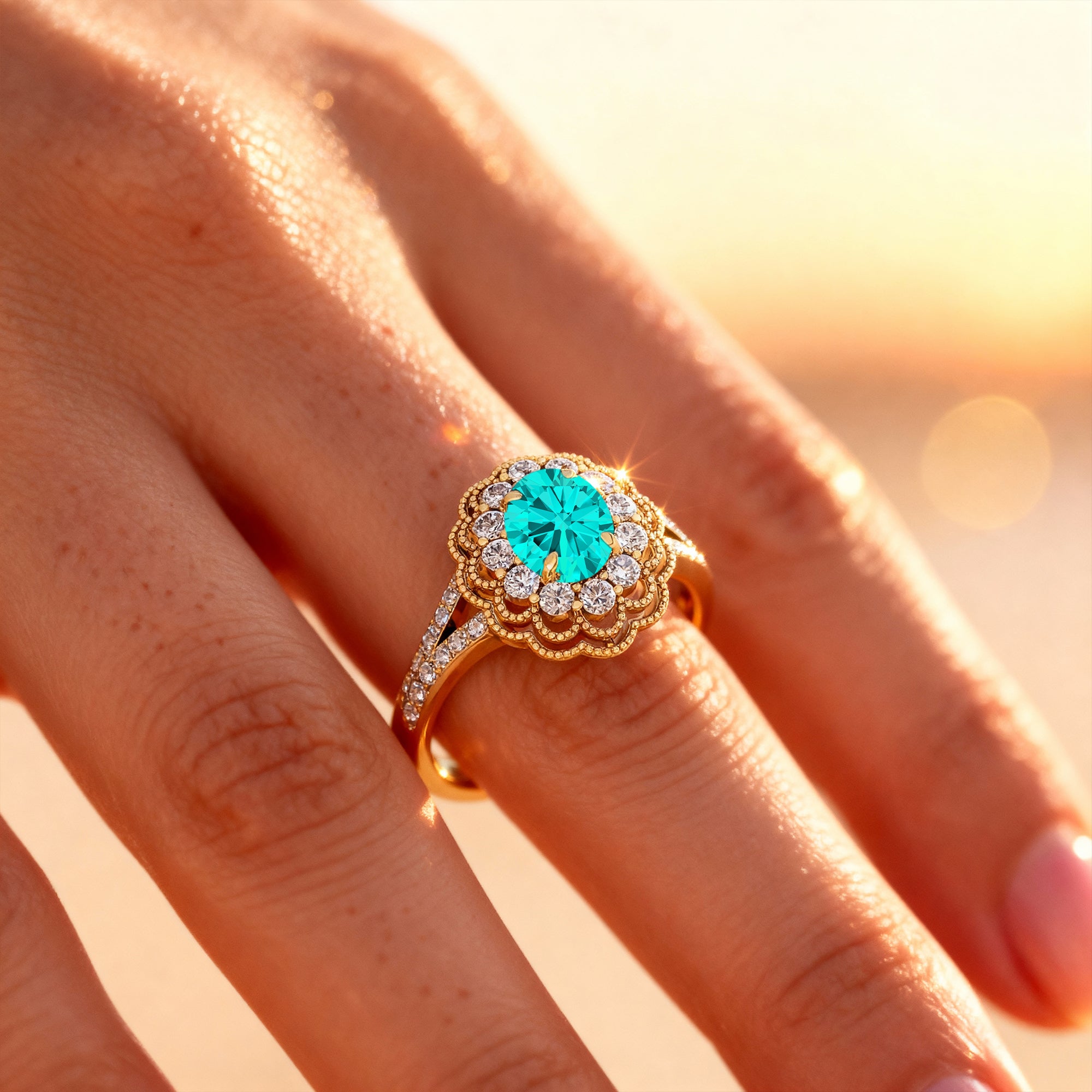 Flower Inspired Cluster Diamond Oval Paraiba Tourmaline Engagement Ring - GeumJewels