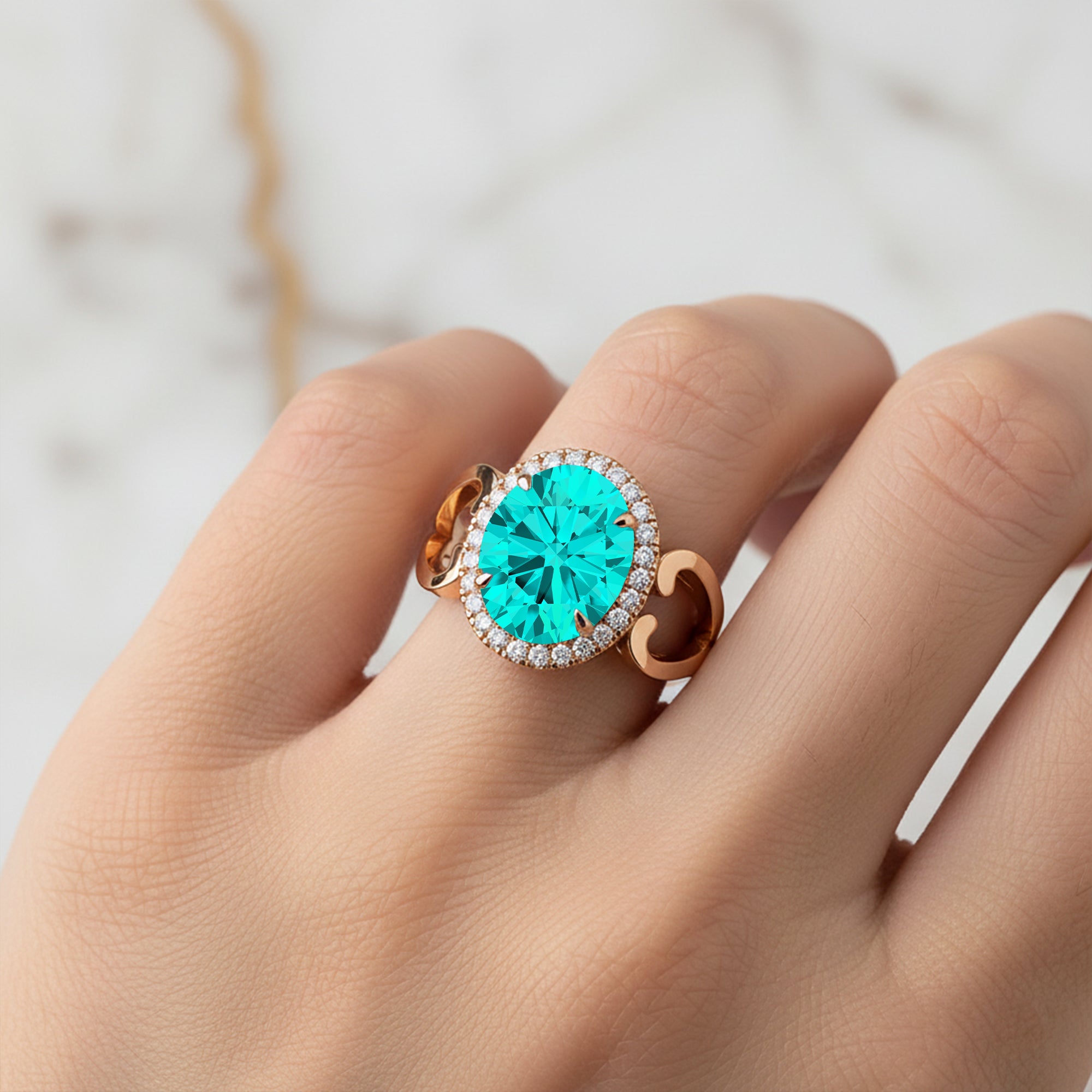Vintage Love Inspired Oval Paraiba Tourmaline Halo Diamond Engagement Ring - GeumJewels