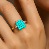 Emerald Cut Paraiba Tourmaline and Diamond Three Stone Ring - GeumJewels