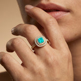 Double Halo Diamond Cushion Cut Paraiba Tourmaline Ring