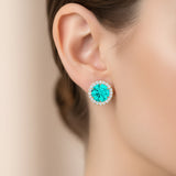 Round Solitaire Paraiba Tourmaline Halo Diamond Stud Earrings