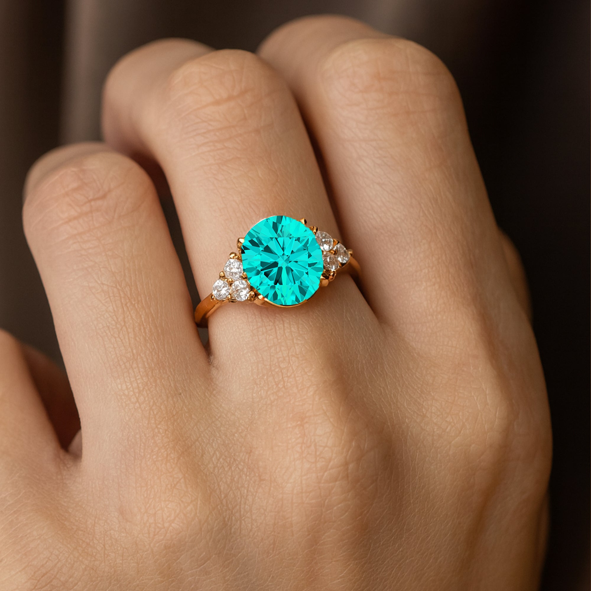 Trio Diamond Engagement Ring with Oval Cut Paraiba Tourmaline - GeumJewels