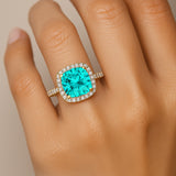 Halo Diamond Engagement Ring with Cushion Cut Paraiba Tourmaline - GeumJewels