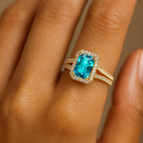 Halo Set Emerald Shaped Paraiba Tourmaline Split Shank Ring with Accent Diamonds - GeumJewels