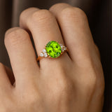 Trio Diamond Engagement Ring with Oval Cut Peridot - GeumJewels