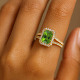 Halo Set Emerald Shaped Peridot Split Shank Ring with Accent Diamonds - GeumJewels