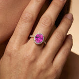 Oval Solitaire Pink Sapphire Halo Diamond Engagement Ring