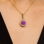 Classic Solitaire Round Pink Sapphire Halo Diamond Dangle Pendant - GeumJewels