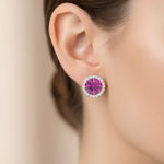 Round Solitaire Pink Sapphire Halo Diamond Stud Earrings - GeumJewels